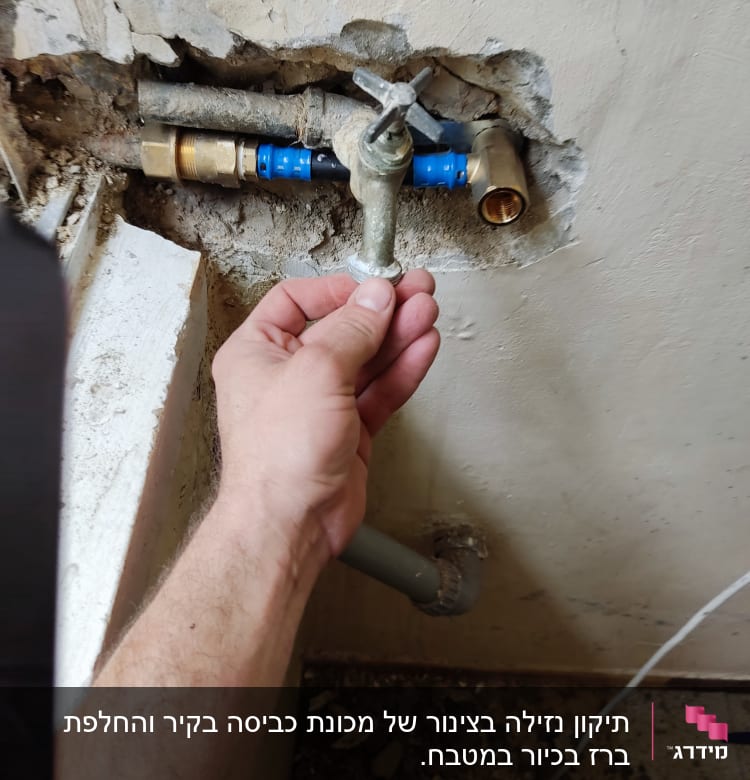 יד מחזיקה ברז בצנרת חשופה בקיר